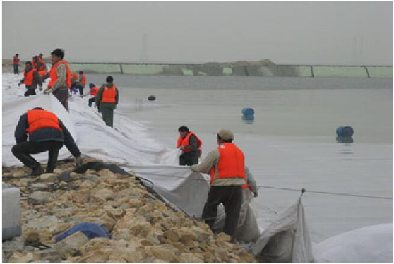 小型工作船配合復合土工布溜放作業(yè)